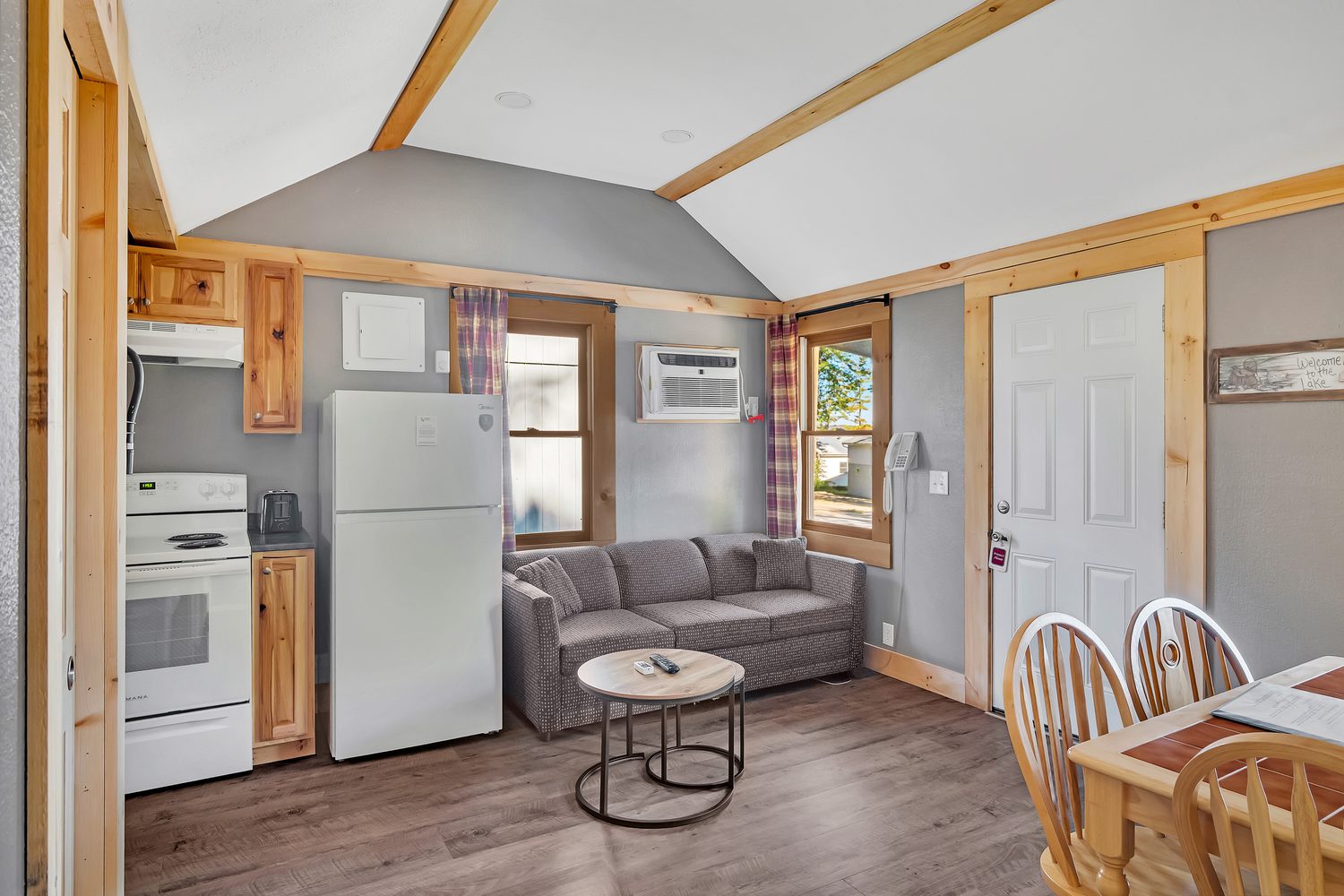 Main room, with the pull-out sofa and kitchen