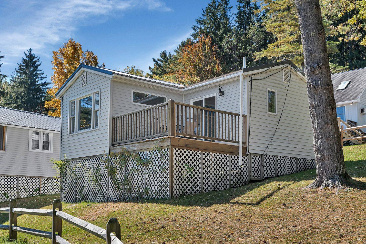 Outside, showing the deck and windows facing the lake