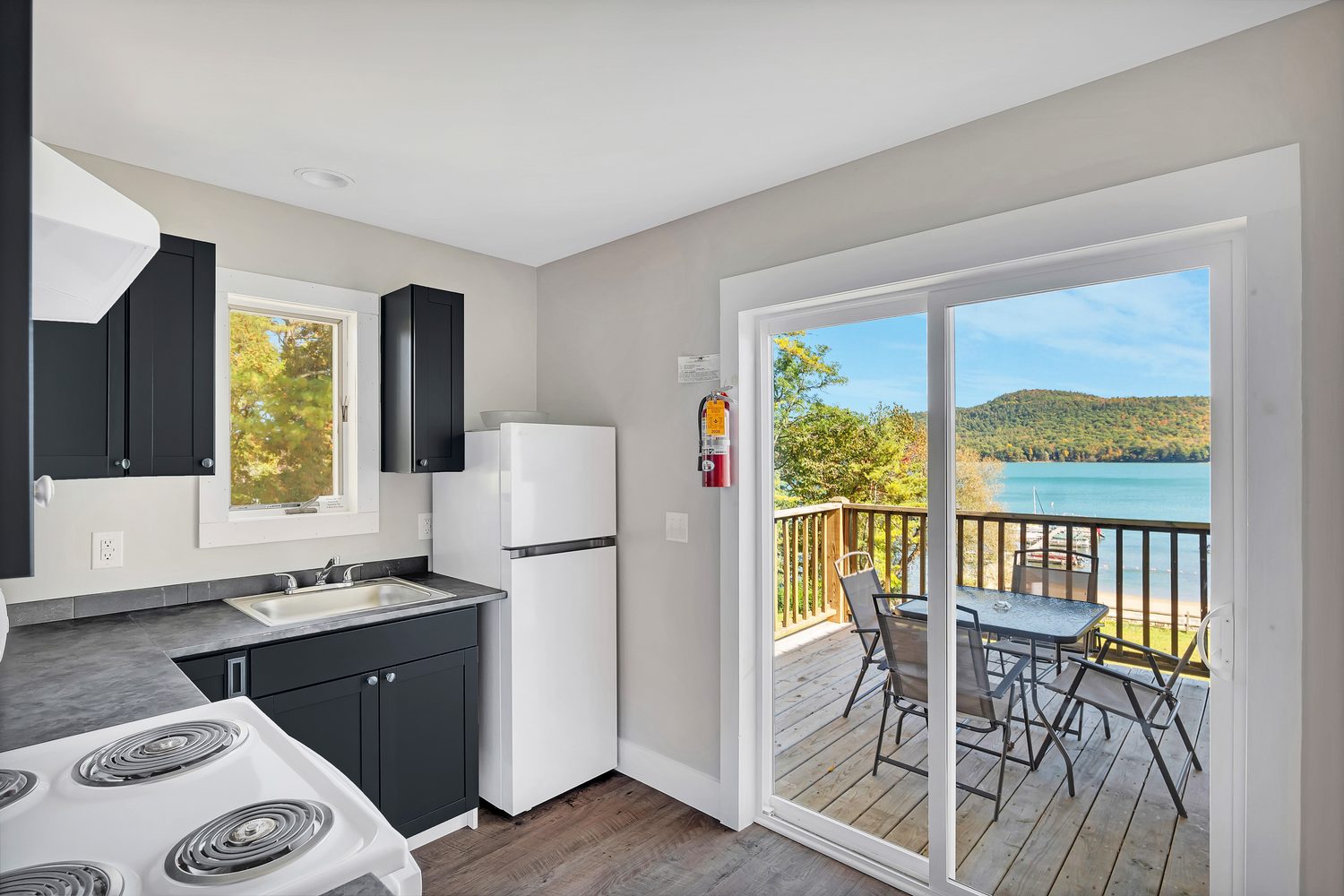Kitchen, with sliding door to the deck